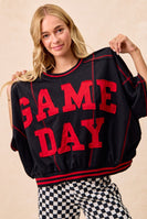 BiBi OVERSIZED French Terry Top with GAME DAY Letter Patchwork Front in Black/Red