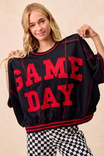 BiBi OVERSIZED French Terry Top with GAME DAY Letter Patchwork Front in Black/Red