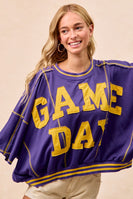 BiBi OVERSIZED French Terry Top with GAME DAY Letter Patchwork Front in Purple/Mustard