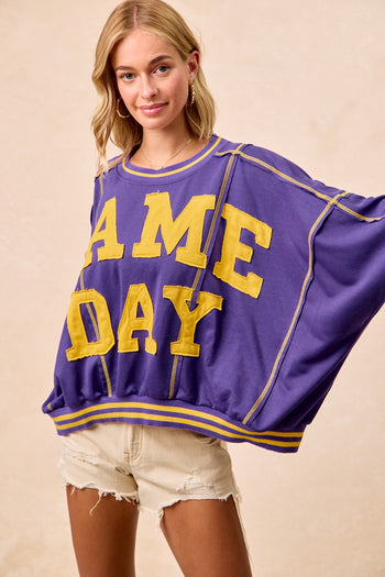 BiBi OVERSIZED French Terry Top with GAME DAY Letter Patchwork Front in Purple/Mustard