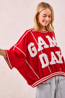 BiBi OVERSIZED French Terry Top with GAME DAY Letter Patchwork Front in Red/White