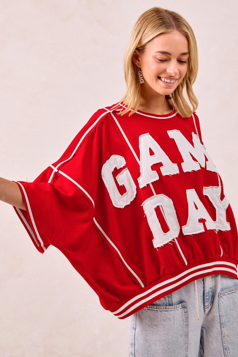 BiBi OVERSIZED French Terry Top with GAME DAY Letter Patchwork Front in Red/White