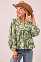 BiBi Flower Print Woven Top with Scallop Trim Detail in Olive