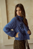 LovLov Embroidered Vintage Leaf Quilted Jacket in Blue