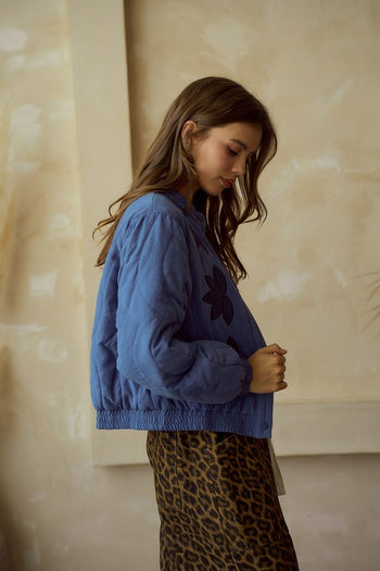LovLov Embroidered Vintage Leaf Quilted Jacket in Blue