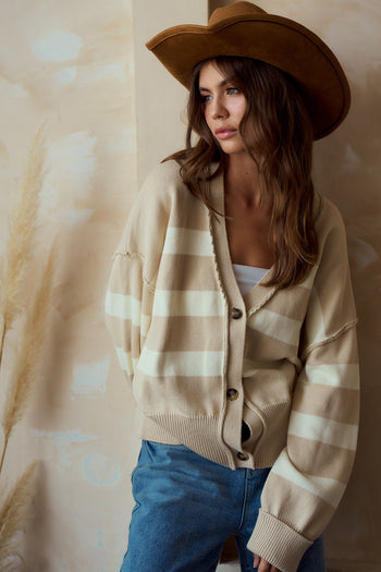 LovLov Contrasting Color Striped Knit Cardigan in Oatmeal/Ivory