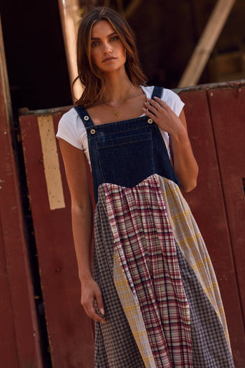 Oddi Denim and Mixed Plaid Overall Dress in Dark Denim Combo