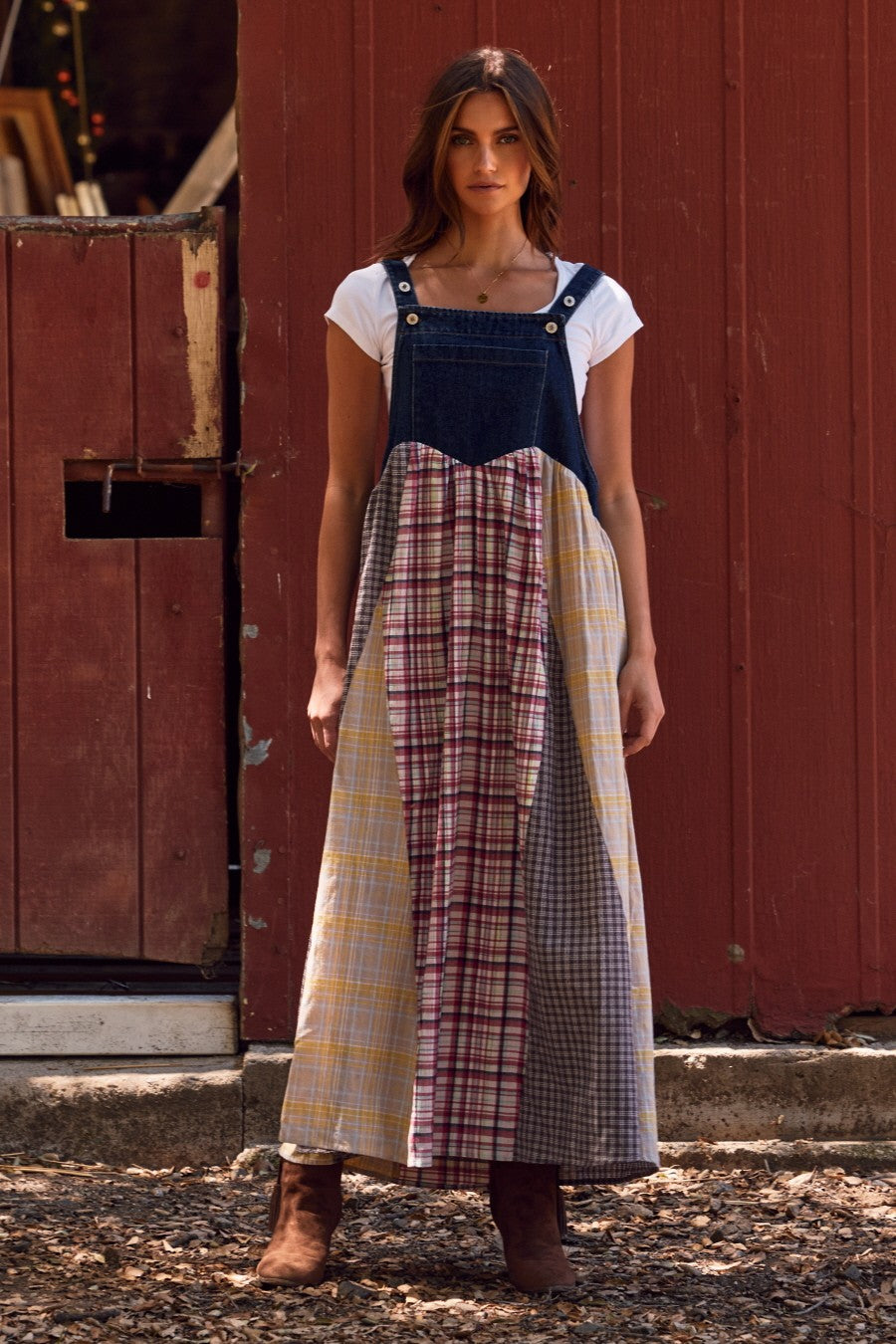 Oddi Denim and Mixed Plaid Overall Dress in Dark Denim Combo