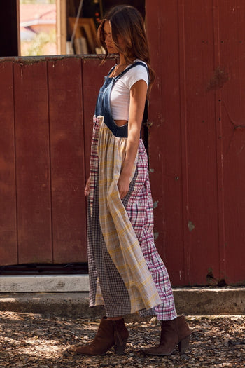 Oddi Denim and Mixed Plaid Overall Dress in Dark Denim Combo L Oddi Denim and Mixed Plaid Overall Dress in Dark Denim Combo L