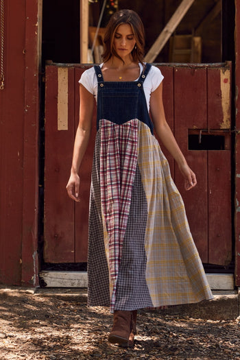 Oddi Denim and Mixed Plaid Overall Dress in Dark Denim Combo