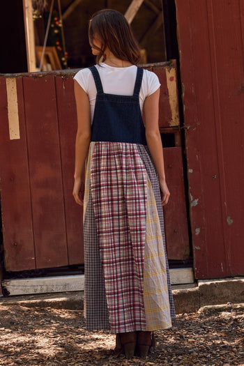 Oddi Denim and Mixed Plaid Overall Dress in Dark Denim Combo