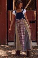 Oddi Denim and Mixed Plaid Overall Dress in Dark Denim Combo