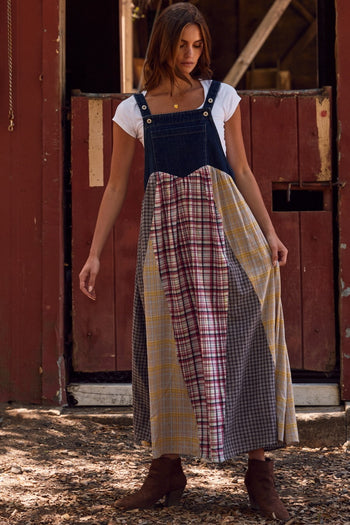 Oddi Denim and Mixed Plaid Overall Dress in Dark Denim Combo