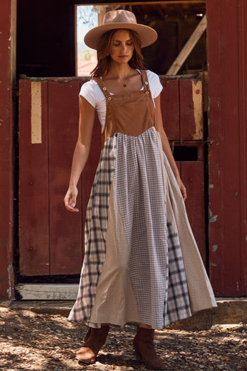 Oddi Corduroy and Patchwork Mixed Plaid Overall Dress in Taupe Multi