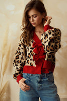 LovLov Animal Print Knit Cardigan with Bow Front Details in Leopard/Red ON ORDER