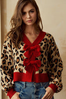LovLov Animal Print Knit Cardigan with Bow Front Details in Leopard/Red ON ORDER
