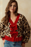 LovLov Animal Print Knit Cardigan with Bow Front Details in Leopard/Red ON ORDER