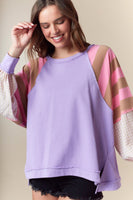Fantastic Fawn OVERSIZED Solid Color Top with Contrasting Print Sleeves in Purple/Pink