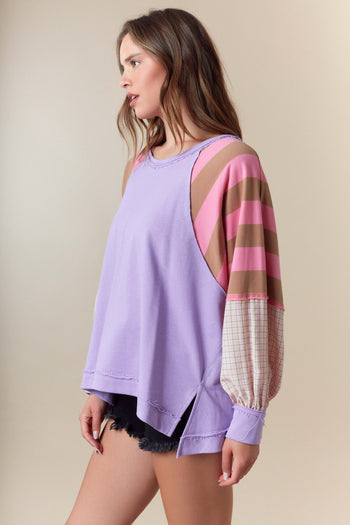 Fantastic Fawn OVERSIZED Solid Color Top with Contrasting Print Sleeves in Purple/Pink