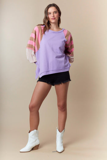Fantastic Fawn OVERSIZED Solid Color Top with Contrasting Print Sleeves in Purple/Pink