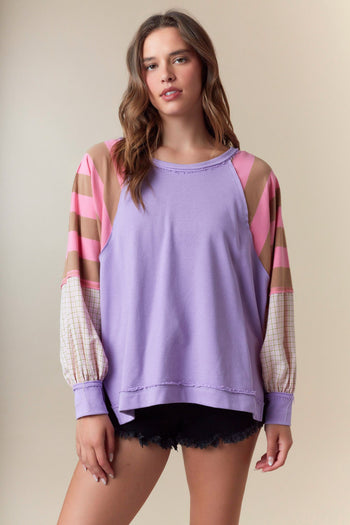 Fantastic Fawn OVERSIZED Solid Color Top with Contrasting Print Sleeves in Purple/Pink