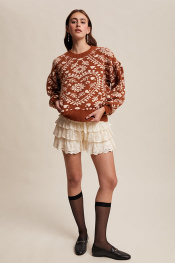 Listicle Mid-Weight Knit Heart and Floral Sweater in Butter Scotch