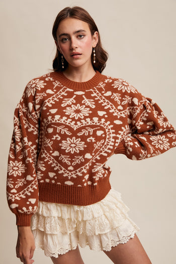 Listicle Mid-Weight Knit Heart and Floral Sweater in Butter Scotch