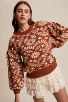 Listicle Mid-Weight Knit Heart and Floral Sweater in Butter Scotch