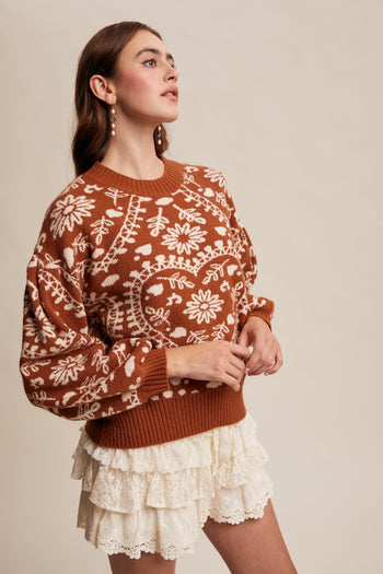 Listicle Mid-Weight Knit Heart and Floral Sweater in Butter Scotch