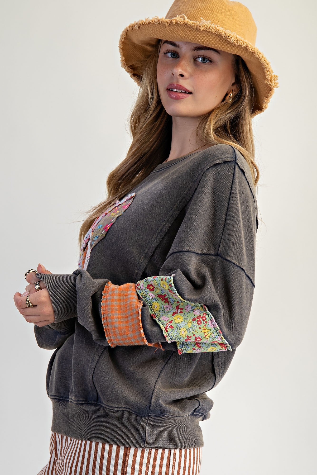Easel Terry Knit Sweatshirt with Mix n Match Print Heart Patch in