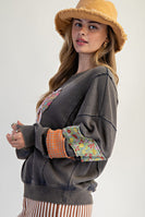 Easel Terry Knit Sweatshirt with Mix n Match Print Heart Patch in Ash