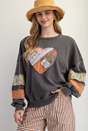 Easel Terry Knit Sweatshirt with Mix n Match Print Heart Patch in Ash