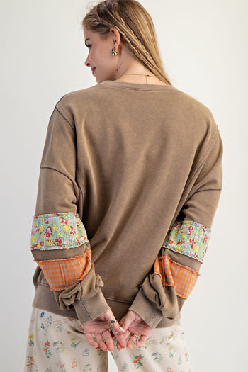 Easel Terry Knit Sweatshirt with Mix n Match Print Heart Patch in Faded Olive