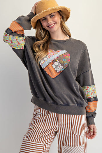 Easel Terry Knit Sweatshirt with Mix n Match Print Heart Patch in Ash