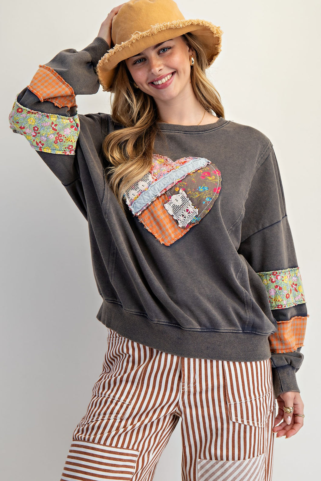 Easel Terry Knit Sweatshirt with Mix n Match Print Heart Patch in Ash