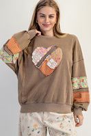 Easel Terry Knit Sweatshirt with Mix n Match Print Heart Patch in Faded Olive
