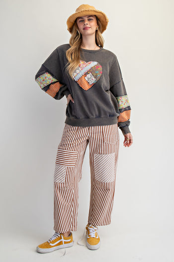 Easel Terry Knit Sweatshirt with Mix n Match Print Heart Patch in Ash