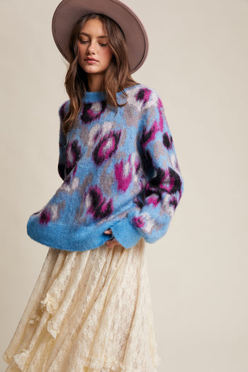 Listicle Fuzzy Brushed Knit Abstract Leopard Print Sweater in Light Blue