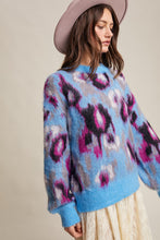 Load image into Gallery viewer, Listicle Fuzzy Brushed Knit Abstract Leopard Print Sweater in Light Blue
