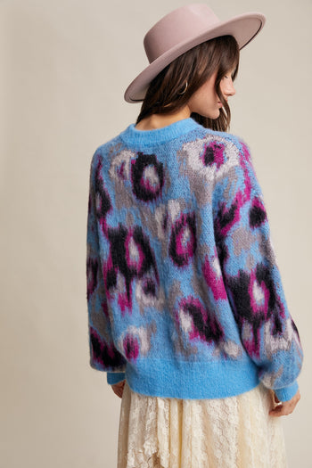 Listicle Fuzzy Brushed Knit Abstract Leopard Print Sweater in Light Blue