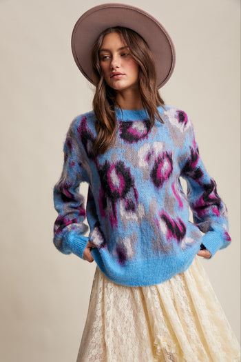 Listicle Fuzzy Brushed Knit Abstract Leopard Print Sweater in Light Blue