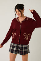 Sunday Edition Knit Cardigan With Leopard and Bow Details in Burgundy