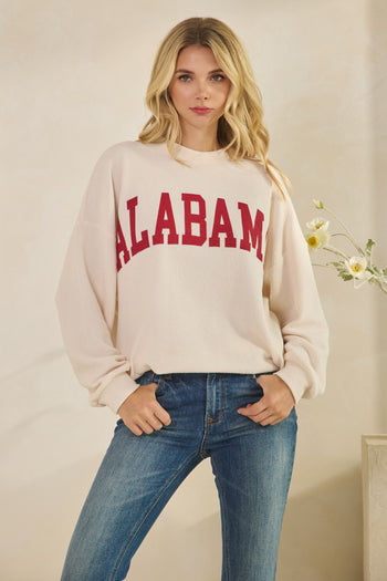 Tres Bien Solid Color Cloudy Knit Top with ALABAMA Graphic Print Front in Cream