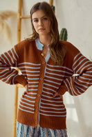 LovLov Striped Button Down Cardigan Sweater in Camel