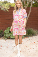 VOY Watercolor Abstract Print Mini Dress with Contrasting Stripe Details in Multi