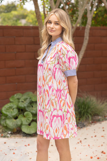 VOY Watercolor Abstract Print Mini Dress with Contrasting Stripe Details in Multi