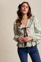 Listicle Floral Print Front Tie Top in Mint