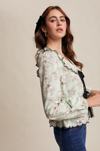 Listicle Floral Print Front Tie Top in Mint
