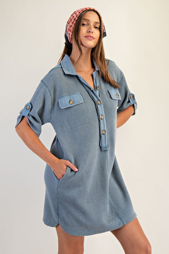 ee:some Snow Washed Waffle Knit Mini Dress in Denim