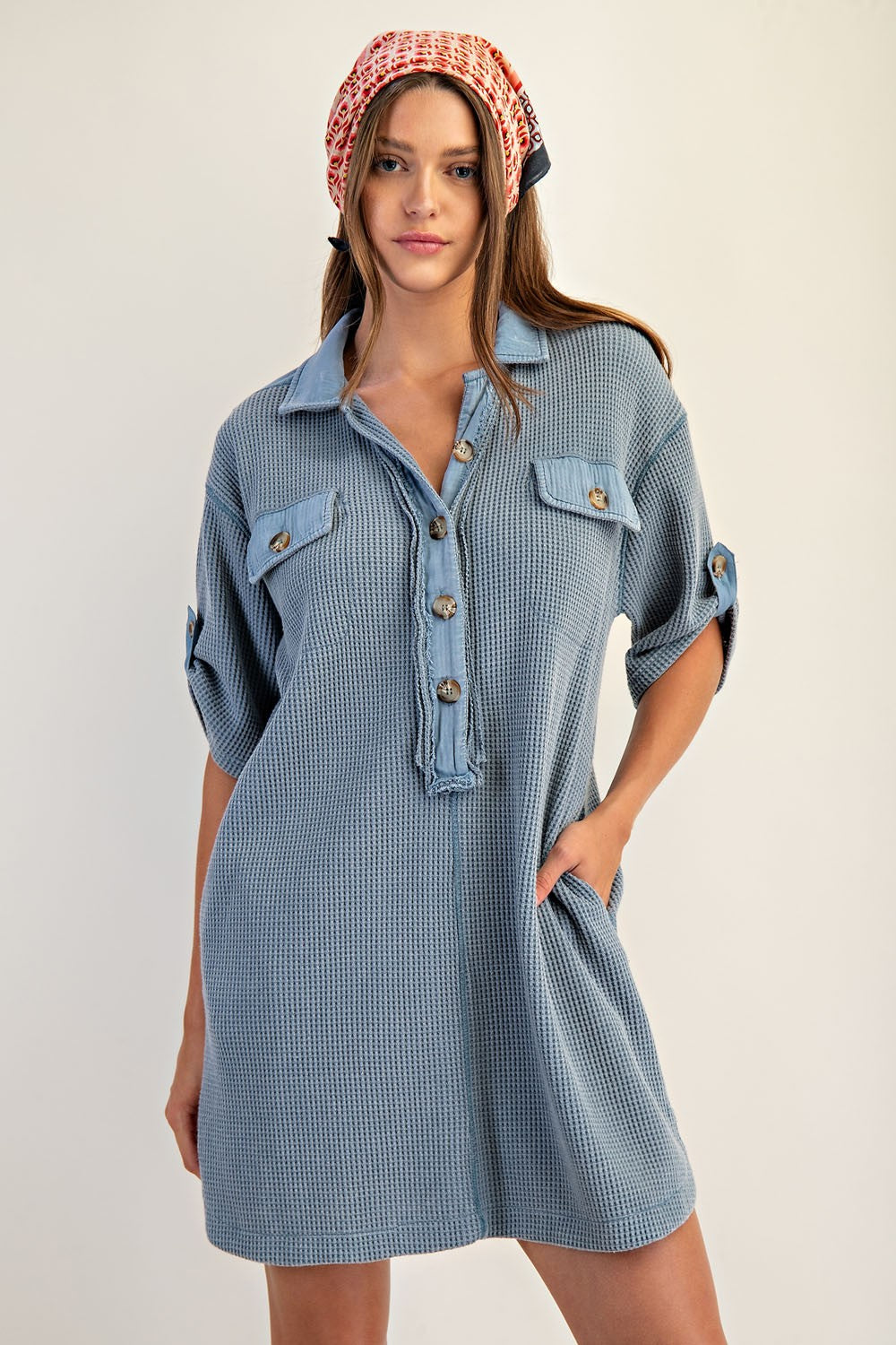 ee:some Snow Washed Waffle Knit Mini Dress in Denim